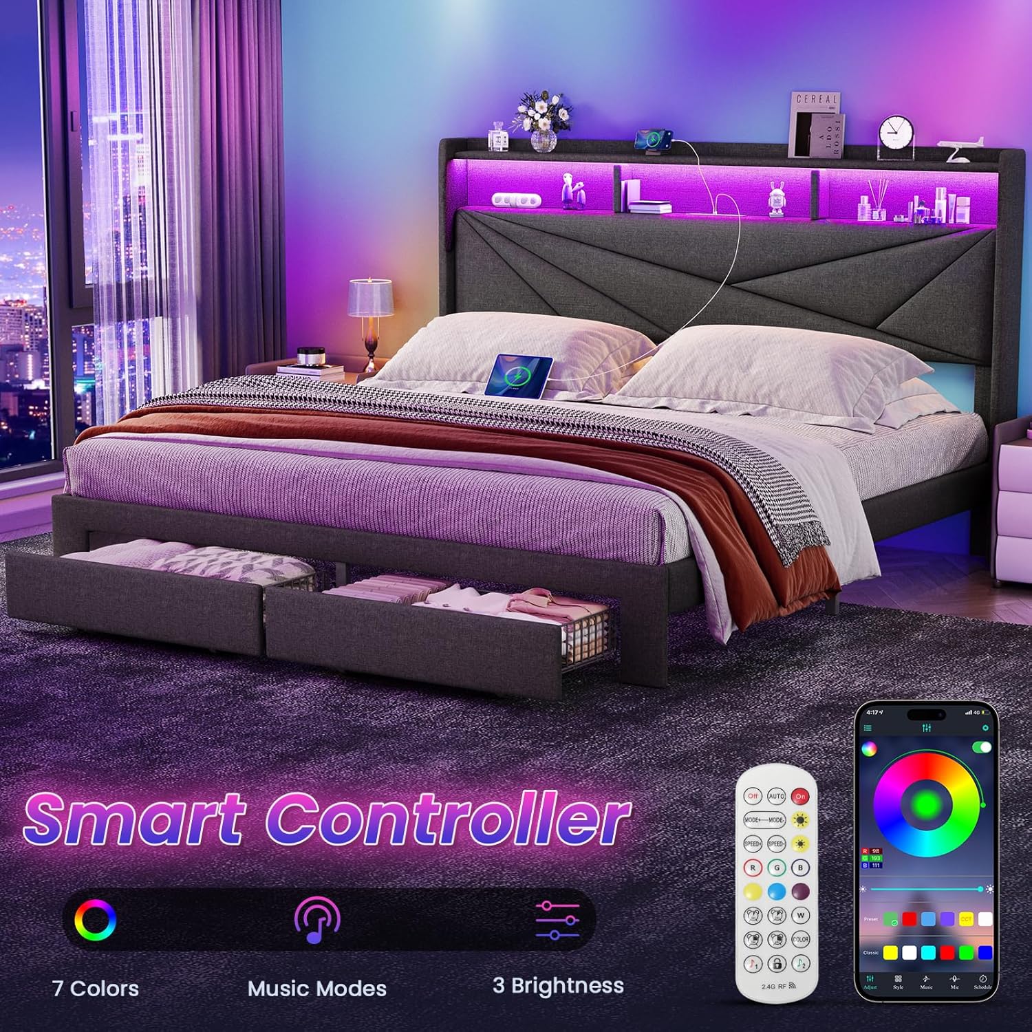 Queen Bed Frame with 2-Tier Storage Headboard, Upholstered Bed Frame Queen Size with 2 Drawers, Charging Station and LED Lights, No Box Spring Needed, Easy Assembly - Dark Grey