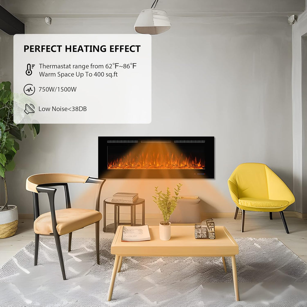 Electric Fireplace 36inches, Wall-Mounted & Recessed Fireplace Inserts, Multicolor Flame w/5 Dimmer, Remote Control Thermostat, Timer, Overheating Protection, Hardwire Connect, 1500W,Black