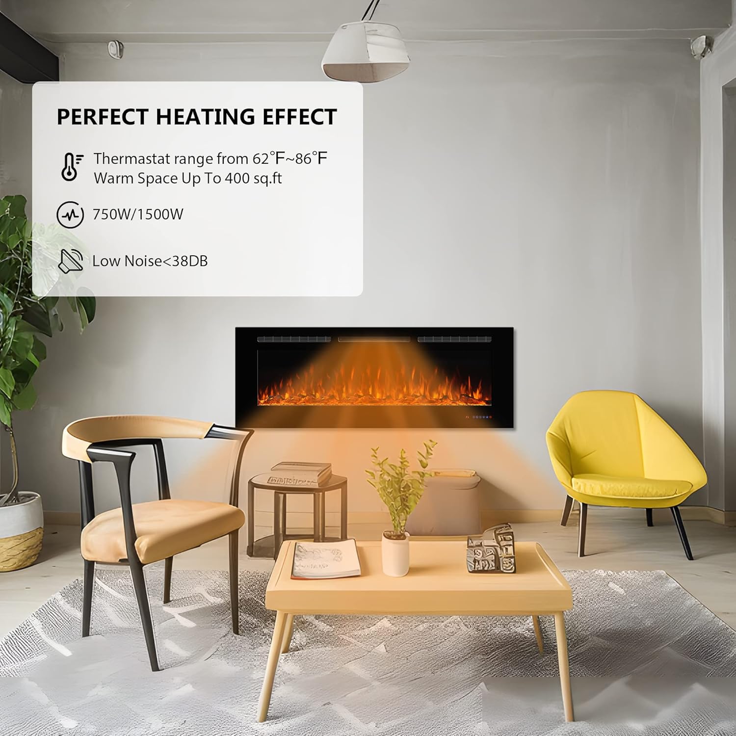Electric Fireplace 40 inch Wide 26.5" High, Wall-Mounted & Recessed Fireplace Inserts, Multicolor Flame w/5 Dimmer, Remote Control Thermostat, Timer, Hardwire Connect, 1500W,Black