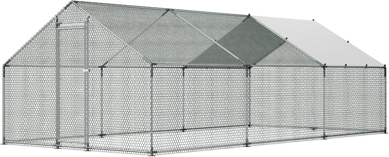 VEVOR Large Metal Chicken Coop  19.7x9.8x6.5ft Walk-in Chicken Runs for Yard with Cover  Spire Roof Hen House with Security Lock for Outdoor and Backyard  Farm  Duck Rabbit Cage Poultry Pen