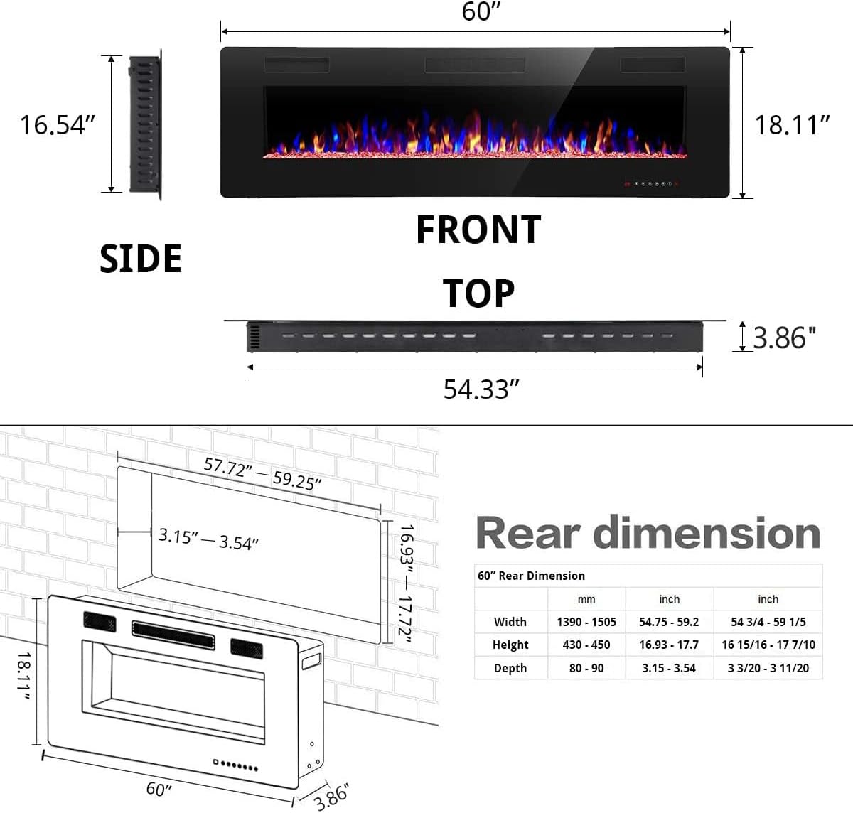 R.W.FLAME 60" Recessed and Wall Mounted Electric Fireplace, Low Noise, Fit for 2 x 6 Stud, Remote Control with Timer, Touch Screen, Adjustable Flame Color and Speed, 750-1500W