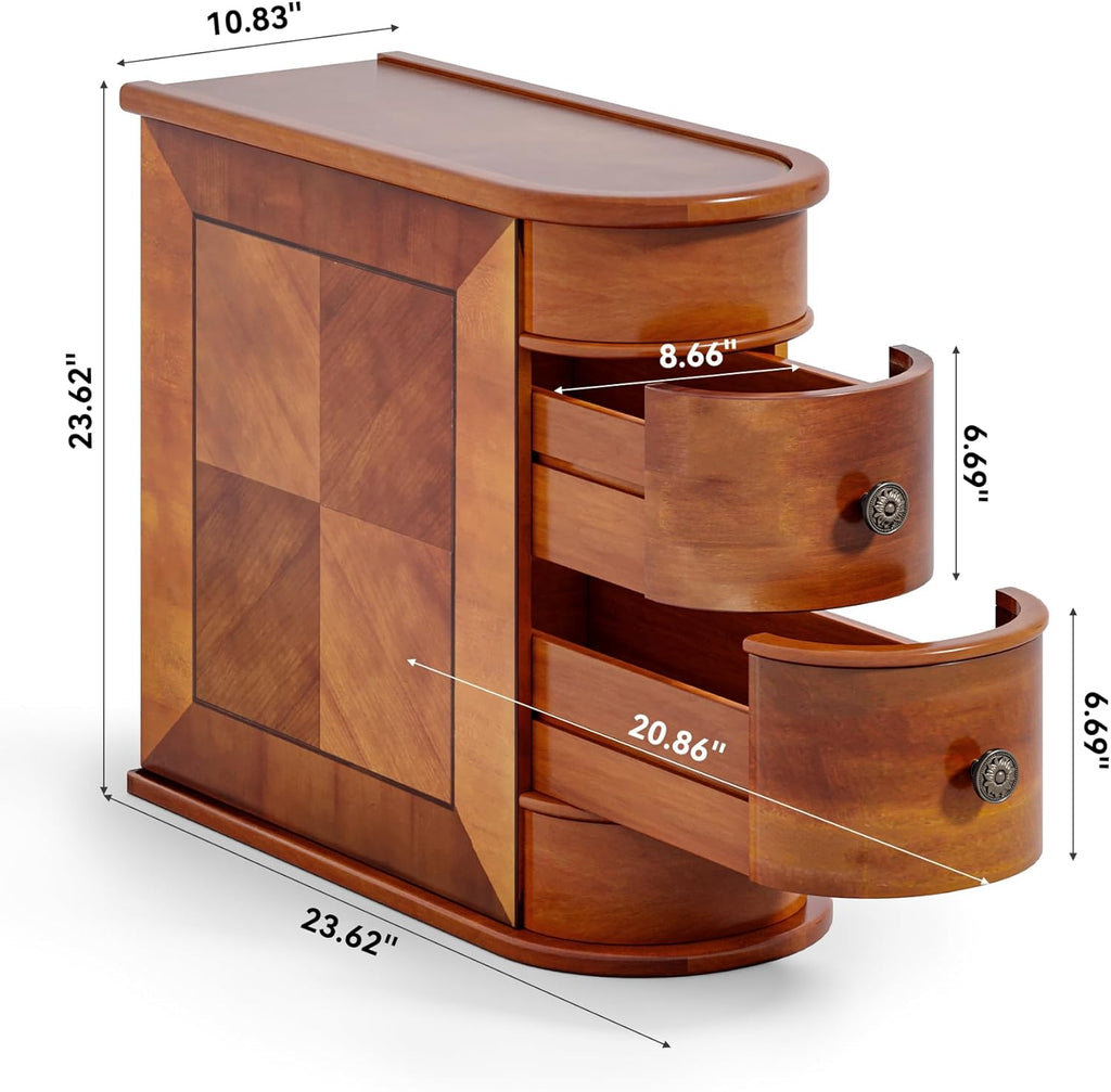 LITTLE TREE Wood End Table with 2 Drawers Sofa Side Table, No Assembly Required Vintage Slim Nightstand Bedside Table for Bedroom