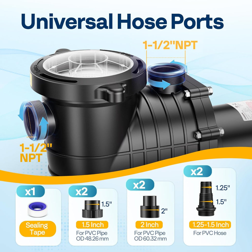 VIVOHOME 2.0HP Pool Pump - 115V/230V Self-Priming Motor - In-Ground/Above Ground - 6800GPH Energy Efficient - 1.5"  2"  and 1.25"-1.5" Connectors w/Strainer Basket