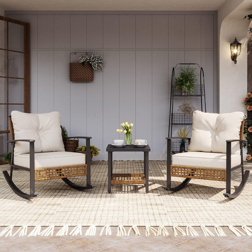 LAUSAINT HOME 3-Piece Rocking Bistro Set  Outdoor Patio Furniture with Thick Cushions and 2-Tier Coffee Table  Oversize Rattan Conversation Set for Garden  Balcony  Backyard (Beige)