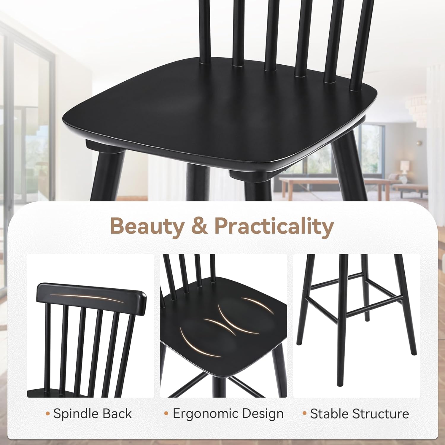 LUE BONA Windsor Wooden Bar Stools Set of 3 for Kitchen Island, Farmhouse 24 Inch Counter Height Stools Chairs with Spindle Back, Black