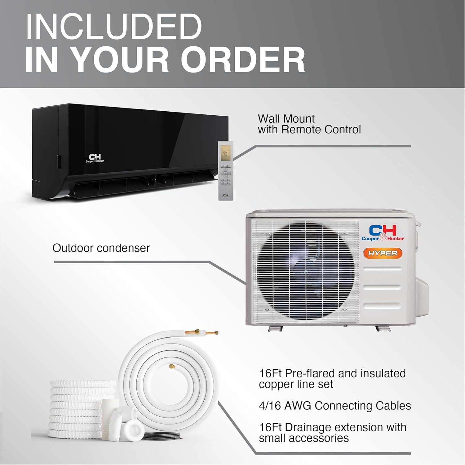 Cooper & Hunter 9,000 BTU 230V Hyper Heat Ductless Mini Split Air Conditioner & Heat Pump – 26 SEER2 Inverter System – Heats Down to -22F – Includes 16FT Installation Kit – Midnight Black