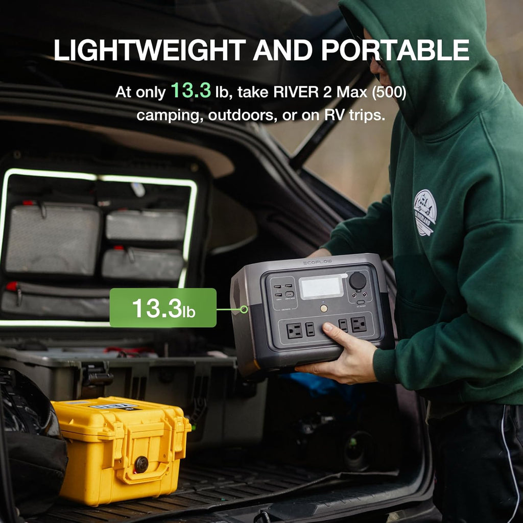 EF ECOFLOW Portable Power Station River 2 Max 500  499Wh LiFePO4 Battery/ 1 Hour Fast Charging  Up to 1000W Output Solar Generator (Solar Panel Optional) for Outdoor Camping/RVs/Home Use
