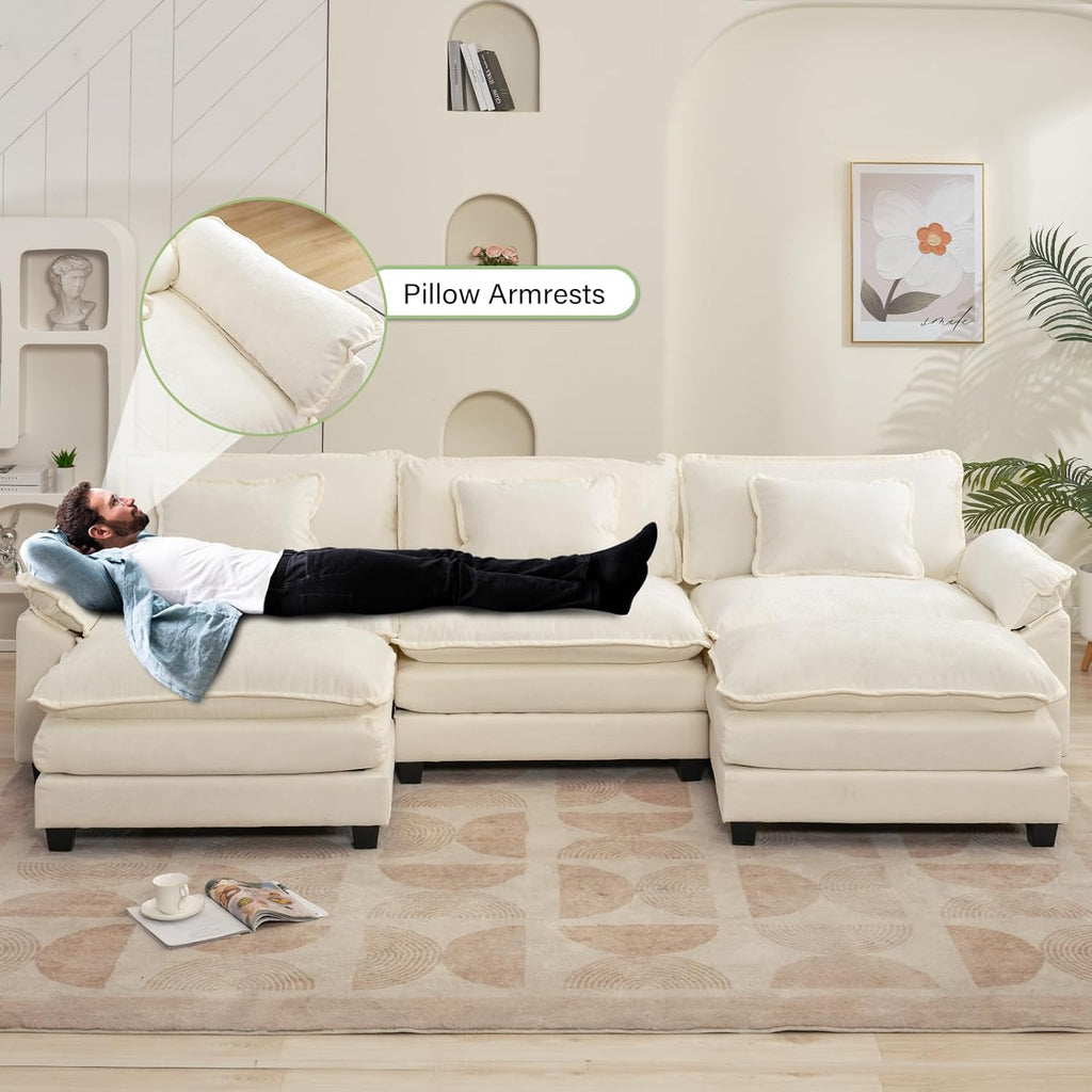 120" Modular Sectional Sofa, Comfy Cloud Couch Sectional Sofa with Ottoman, Chenille Sofa Sleeper Deep Seat Sofa with Throw Pillows for Living Room (Beige White, 120"- U Shape)