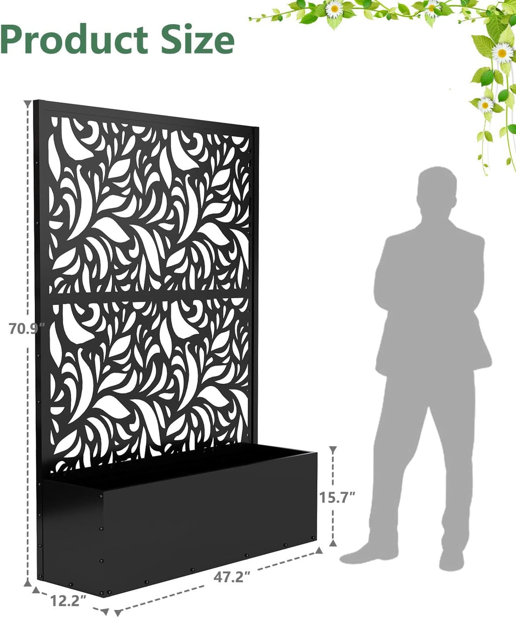2PCS Metal Planter Box with Trellis 70.9"x47.2"x15.7" Raised Garden Bed with Drainage Holes  Privacy Planters for Outdoor Garden Bed for Climbing Plants Vegetables and Vines  Black-Flower