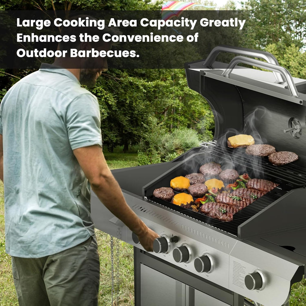 4-Burner Gas Grill with Side Burner Stainless Steel Propane Grill with Porcelain-Enameled Grills Built-In Thermometer 42000BTU BBQ Grill for Outdoor Cooking and Patio Barbecues
