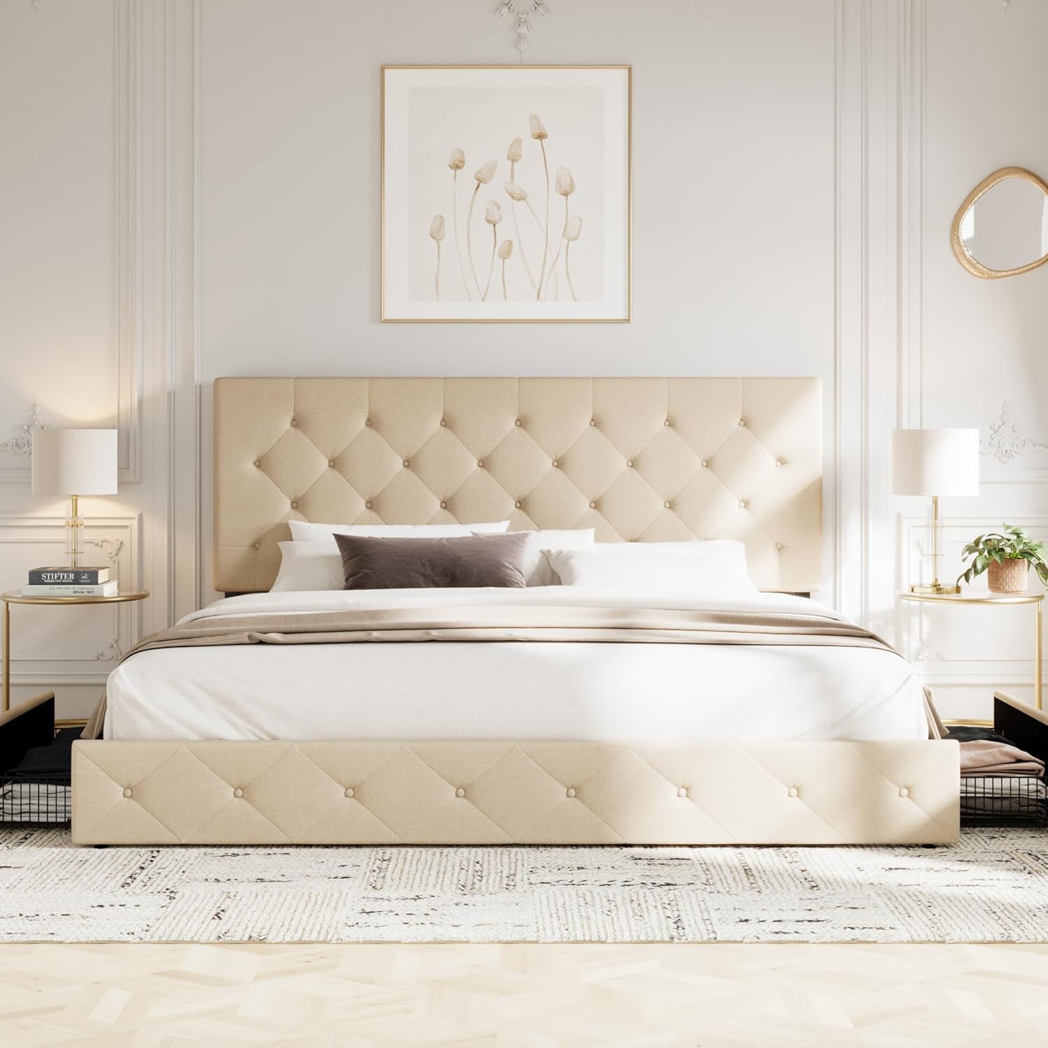 Allewie Upholstered King Size Platform Bed Frame with 4 Storage Drawers and Headboard, Diamond Stitched Button Tufted, Mattress Foundation with Wooden Slats Support, No Box Spring Needed, Beige