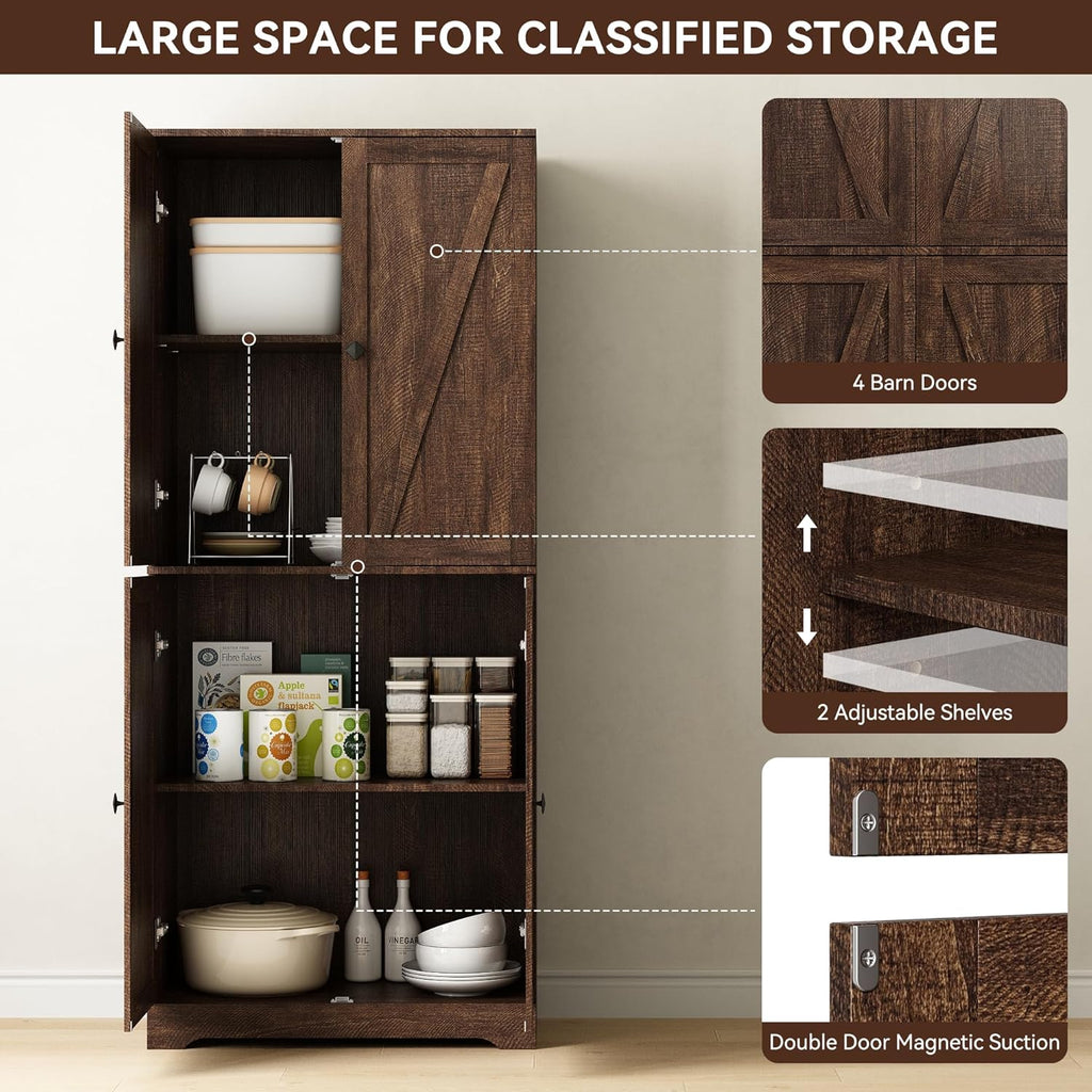 Kitchen Pantry Cabinet, 72” Tall Farmhouse Storage Cabinet with 4 Barn Doors and Adjustable Shelves, Pantry Storage for Kitchen, Living Room, Brown