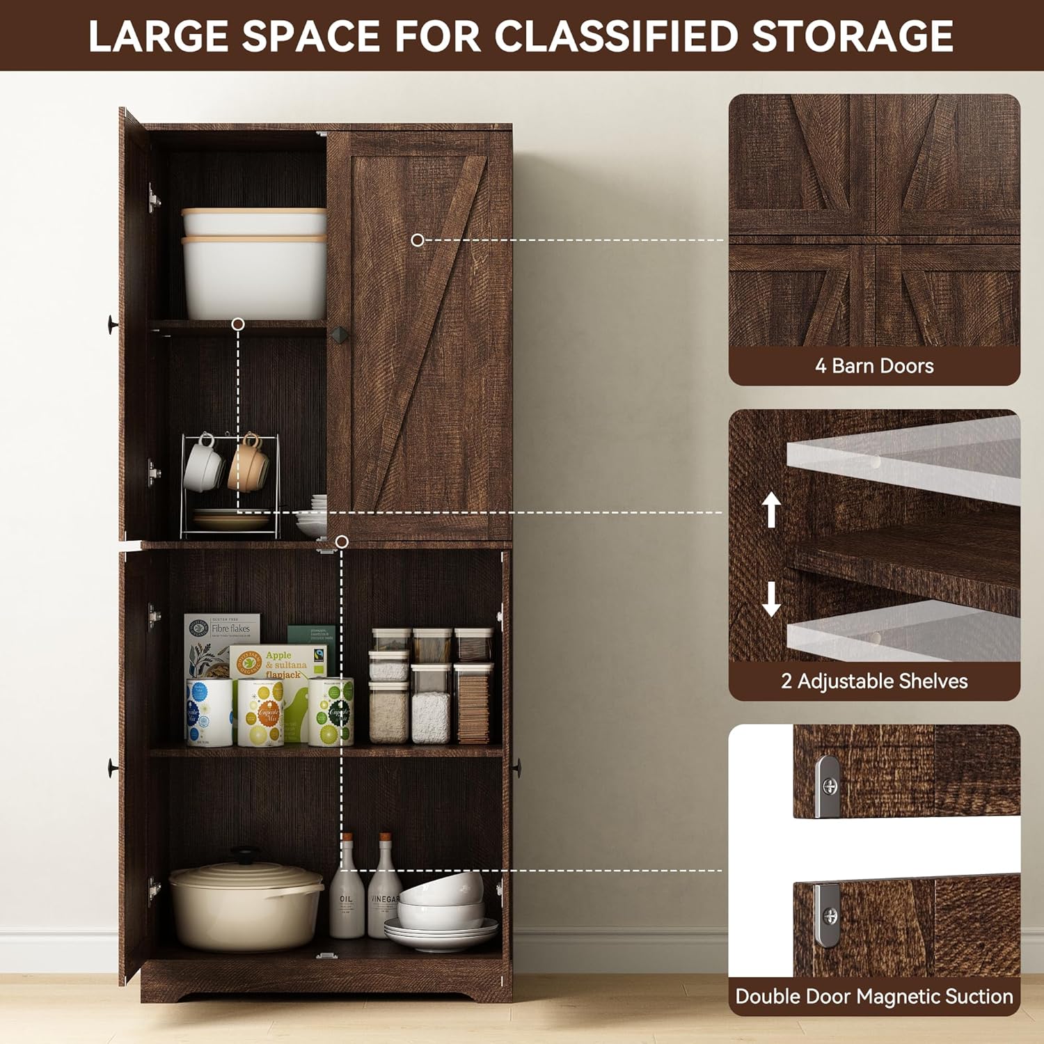 Kitchen Pantry Cabinet, 72” Tall Farmhouse Storage Cabinet with 4 Barn Doors and Adjustable Shelves, Pantry Storage for Kitchen, Living Room, Brown