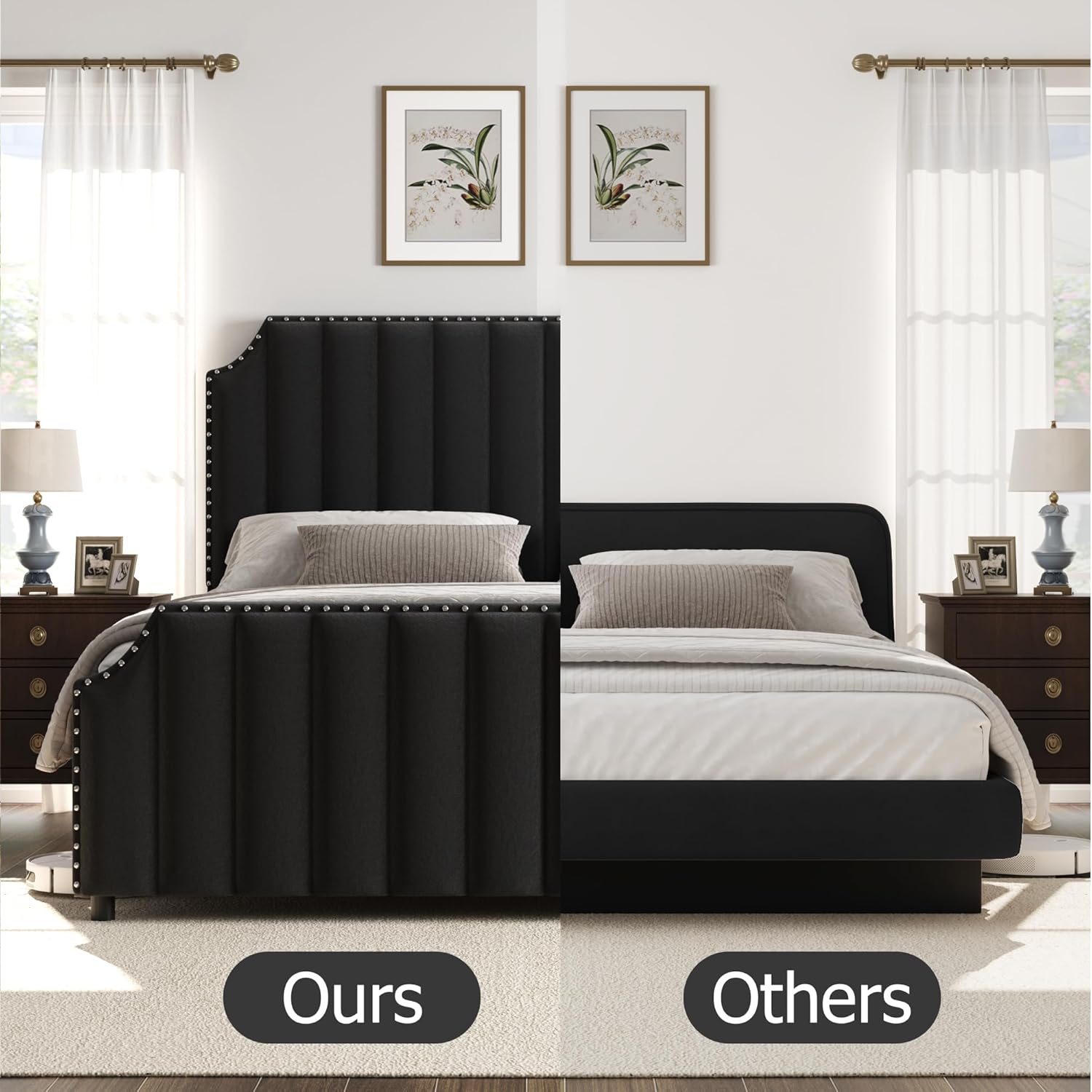 GarveeHome Queen Size Platform Bed Frame with 50.2 in Tall Headboard, Velvet Upholstered Bed Frame Queen with Vertical Channel Tufted Headboard & Footboard, Nailhead Trim, No Box Spring Needed, Black