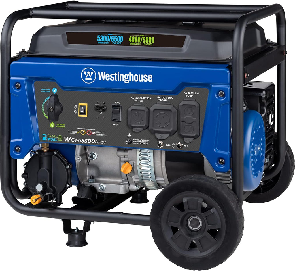Westinghouse 6500 Watt Dual Fuel Home Backup Portable Generator  Transfer Switch Ready 30A Outlet  RV Ready 30A Outlet  CO Sensor