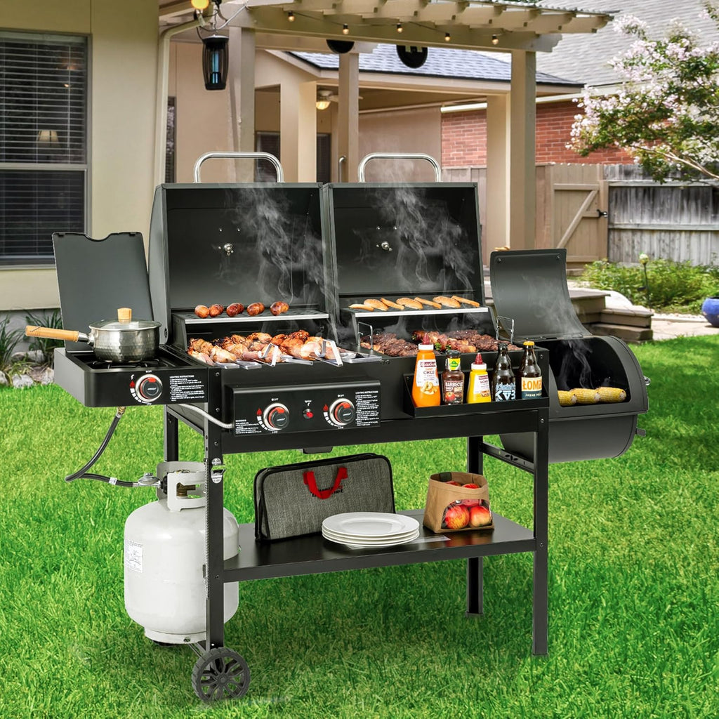 2-Burner Gas and Charcoal Grill Combo with Offset Smoker & Side Burner  34 000 BTU Dual Fuel Grill  1020 Sq. In. Cooking Area  Ideal for Outdoor Cooking  Black  ZH3005Y-SC