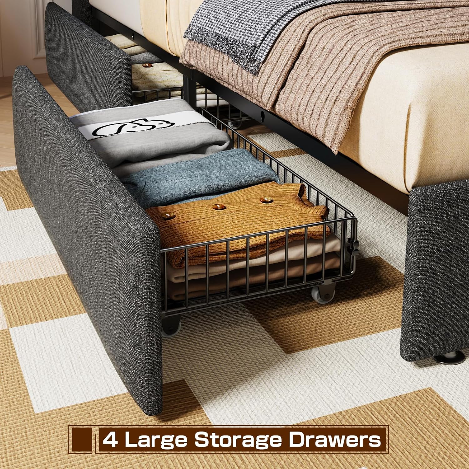 King Size Bed Frame with 4 Storage Drawers, Upholstered King Bed Frame with Charging Station and LED Lights Headboard, No Box Spring Needed, Easy Assembly - Dark Grey