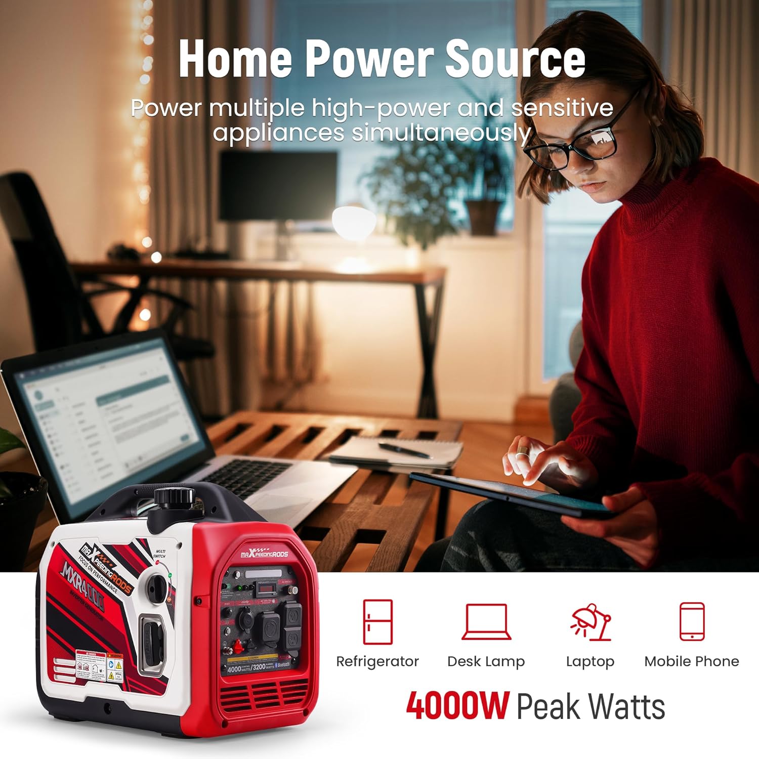 maXpeedingrods 4000 Watt Inverter Generator Portable  Bluetooth® App Remote Data Monitor  RV Ready  Gas Powered Generator with CO Alarm for Outdoor Camping  Home Backup