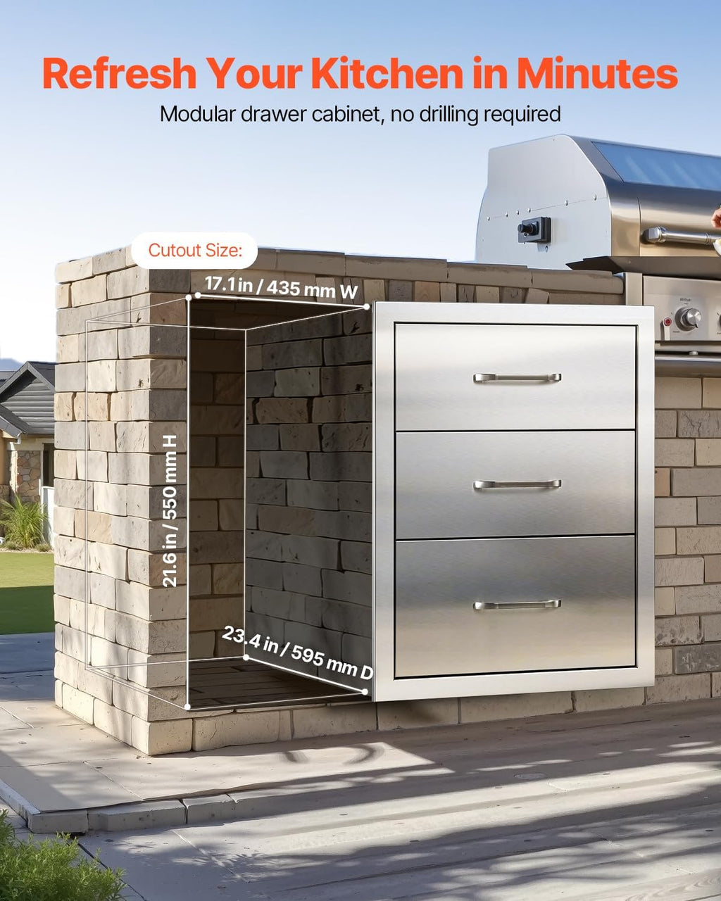 VEVOR Outdoor Kitchen Drawers 18.11" W x 23.23" D x 23.23" H  Triple-Access Stainless Steel Modular Drawer Cabinet with Handles  BBQ Island Drawer for Outdoor Kitchen or BBQ Island Patio Grill Station