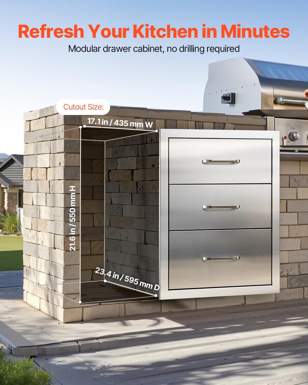 VEVOR Outdoor Kitchen Drawers 18.11" W x 23.23" D x 23.23" H  Triple-Access Stainless Steel Modular Drawer Cabinet with Handles  BBQ Island Drawer for Outdoor Kitchen or BBQ Island Patio Grill Station
