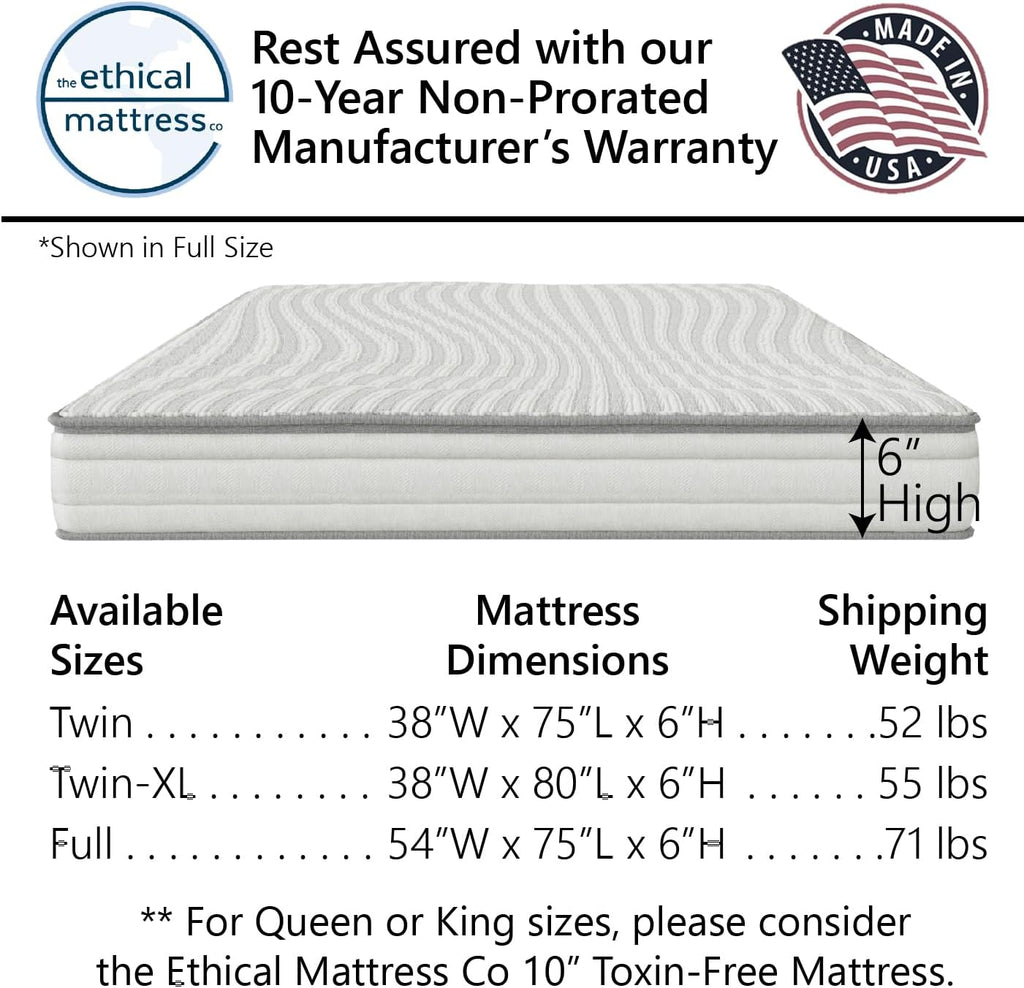 Ethical Mattress CO 6" Kid's Mattress, Toxin-Free, Made in The USA with Organic Cotton, Wool, Latex & Pocketed Coils (Bed-in-a-Box); Perfect for bunk beds, trundles & Platform beds - Twin Size