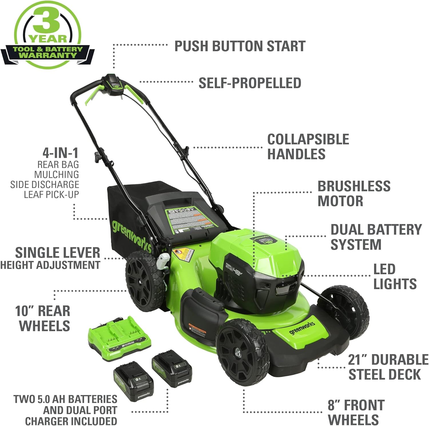 Greenworks 48V (24V x 2) 21" Cordless Battery Self-Propelled Lawn Mower w/Two (2) 5.0Ah USB Batteries & Charger 24V 12" Cordless Battery String Trimmer/Edger (Tool Only) Kit