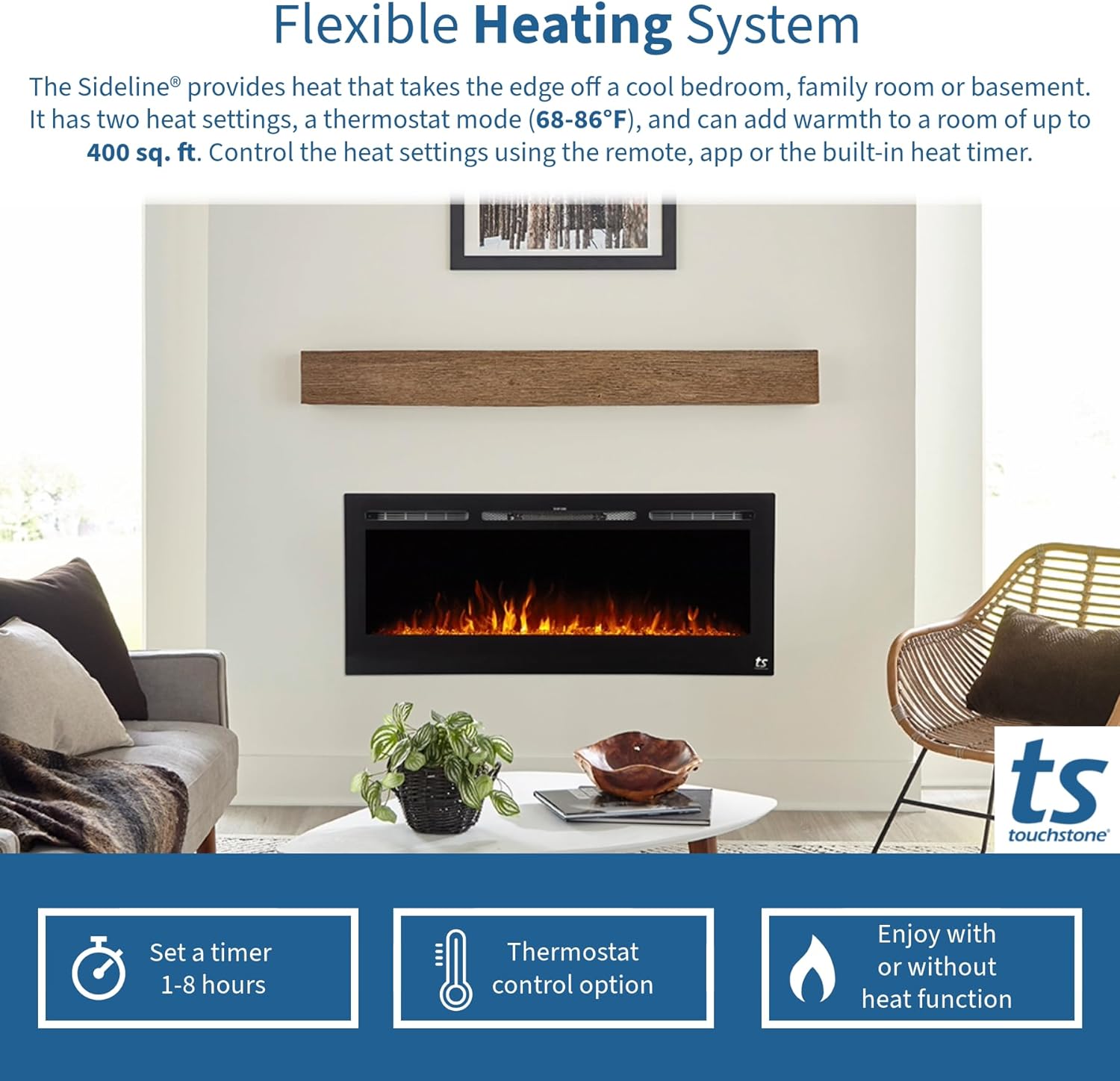 Touchstone Smart Electric Fireplace-The Sideline 50" Wide-in Wall Recessed - 30 Realistic Ember Color/Flame Options - 1,500W Heater w/Thermostat - Log & Crystal Hearth Options - Alexa/WiFi Enabled
