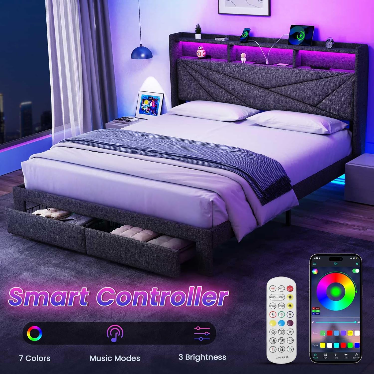 LED Queen Bed Frame with 2 Storage Drawers, Upholstered Bed Frame Queen Size with Headboard and Charging Station, No Box Spring Needed, Easy to Assembly-Dark Grey