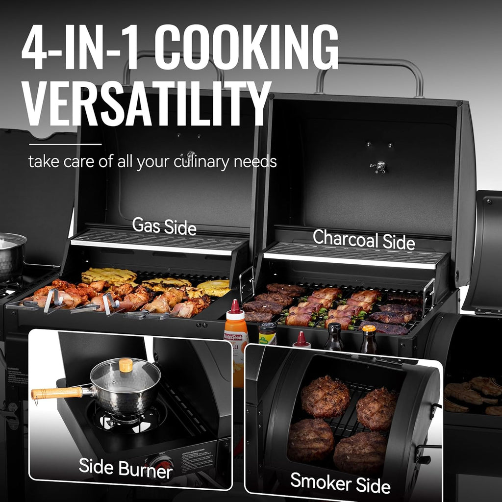2-Burner Gas and Charcoal Grill Combo with Offset Smoker & Side Burner  34 000 BTU Dual Fuel Grill  1020 Sq. In. Cooking Area  Ideal for Outdoor Cooking  Black  ZH3005Y-SC