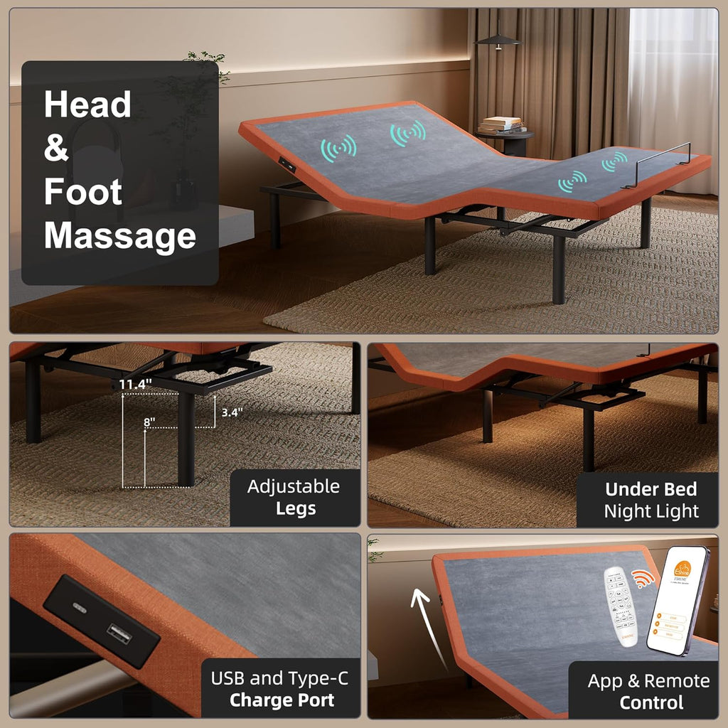 Split King Adjustable Bed Frame + 14” Hybrid Matt, Bed Base with Massage, Pillow-tilt, Smart APP Control, Ergonomic Incline, Zero Gravity, Dual USB Port, Under Bed Light, Wireless Remote, 5000 Series