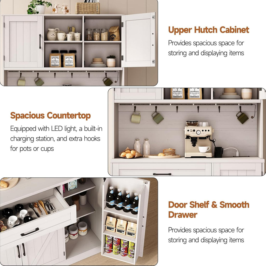 ONBRILL 71" Pantry Cabinet, Kitchen Pantry Storage Cabinet with LED Light & Outlet, Kitchen Hutch with Microwave Shelf & 6 Hooks, Door Shelves & Drawer & Adjustable Shelves, for Dining Room