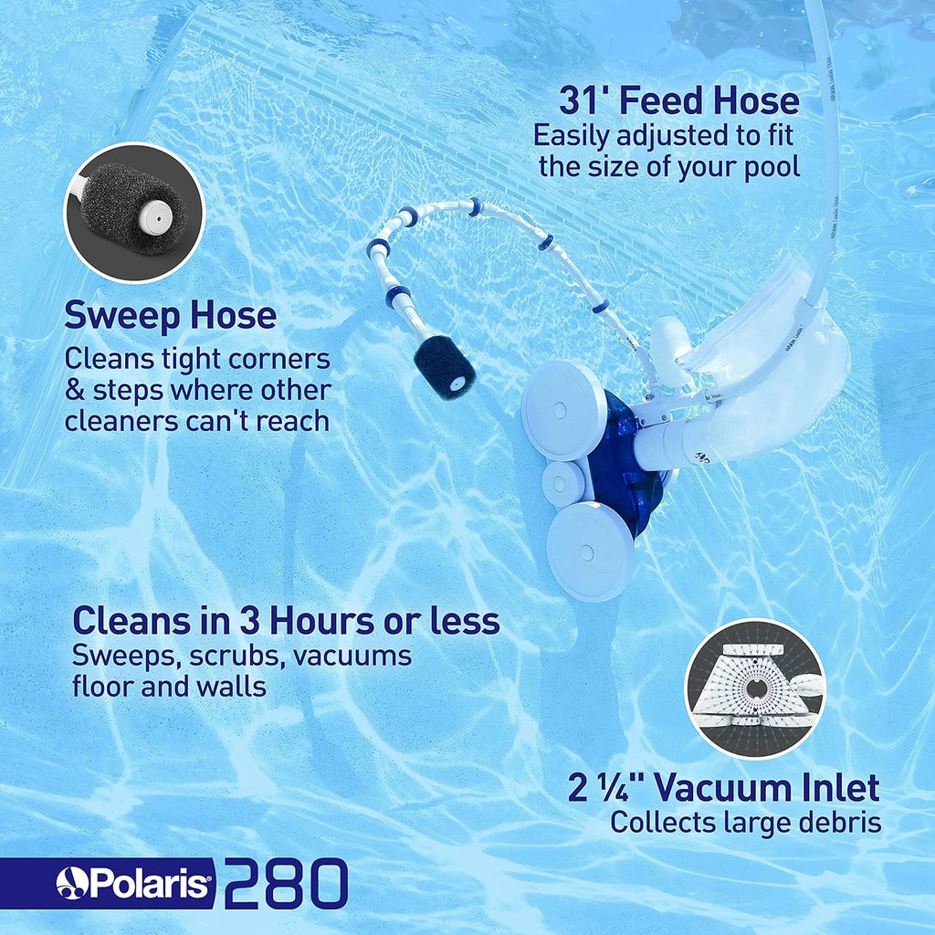 Polaris Vac-Sweep 280 Pressure-Side In-ground Pool Cleaner  Double Venturi Jet Powered  31ft of Hose with an All Purpose Debris Bag