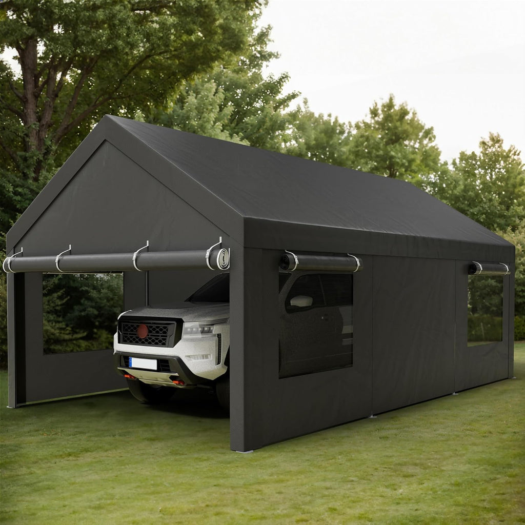 Shintenchi 12x20 FT Heavy-Duty Design Carport Portable Garage Canopy Carport Canopy with Side-Opening Removable Door & Roll-Up Window Portable Car Port for Car  Truck  Boat Grey