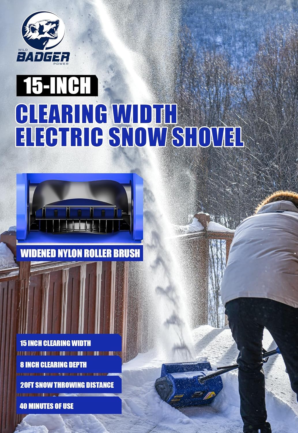 Wild Badger Power 40V Cordless Snow Shovel  12" Brushless  20 FT Throw  8" Depth  4.0Ah Battery & Fast Charger Included  for Steps  Porches  Walkways & Driveways