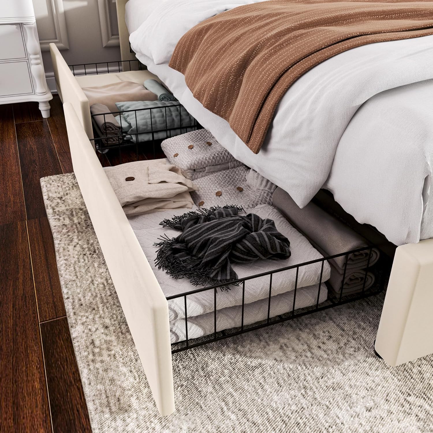 VECELO King Size Upholstered Platform Bed Frame with 4 Storage Drawers, Adjustable Velvet Rivet Decor Headboard, Wooden Slats Support, No Box Spring Needed, Easy Assembly