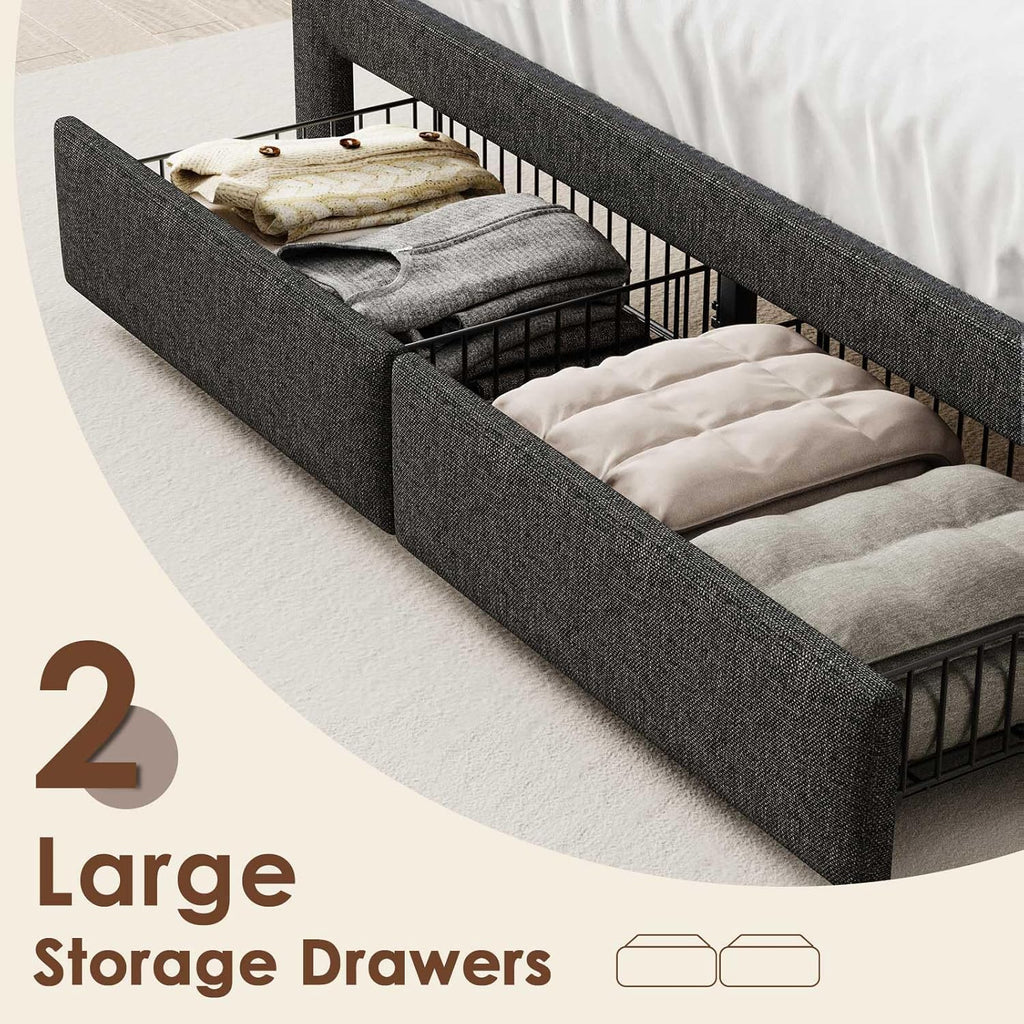 LED Full Size Bed Frame with 2 Storage Drawers, Upholstered Full Bed Frame with Headboard and Charging Station, No Box Spring Needed, Easy to Assembly-Dark Grey