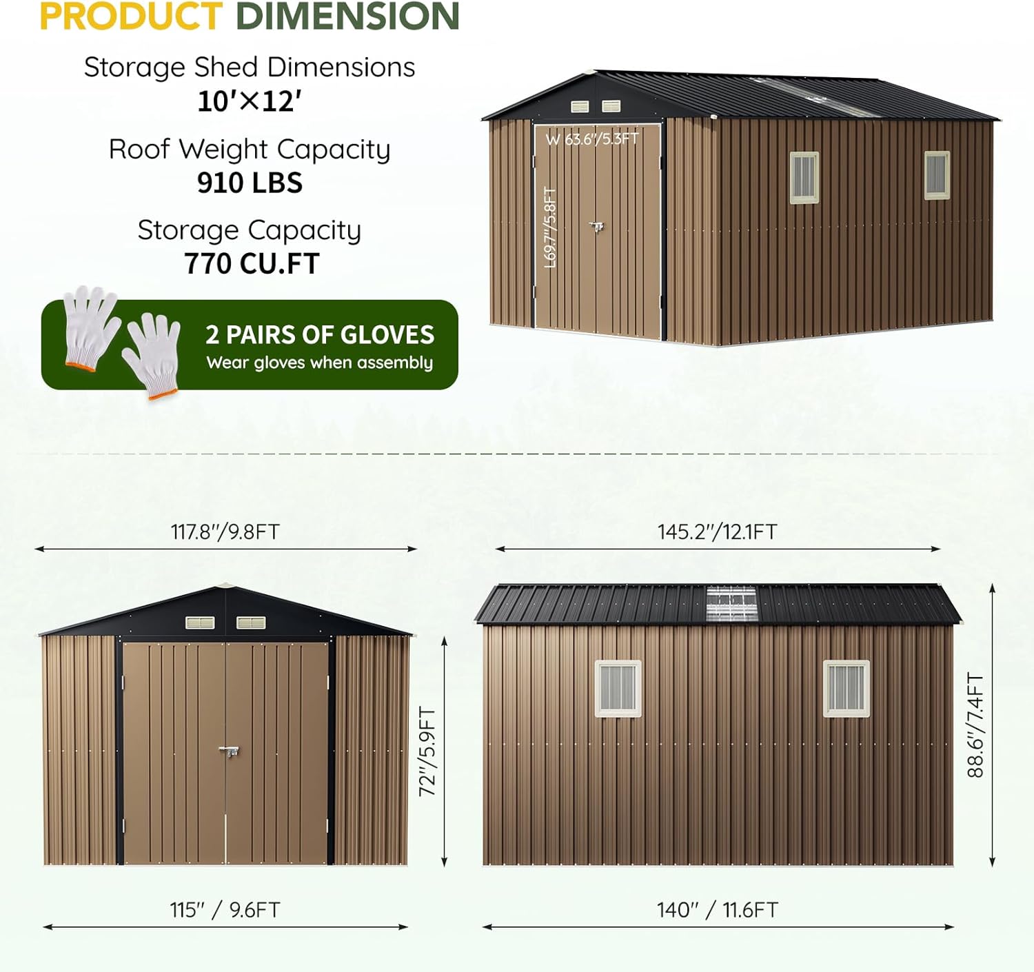 Breezz Outdoor Storage Shed 10 x 12ft. Utility Tool Shed Metal Storage Garden Shed with Lockable Doors  Windows & Metal Frame Floor for Patio Storage Brown