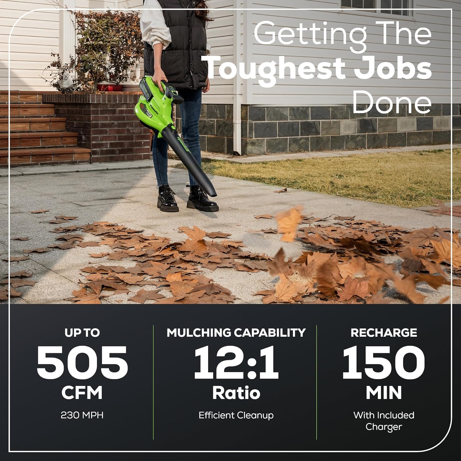 Greenworks 40V (230 MPH / 505 CFM) Cordless Brushless Leaf Blower/Vacuum with Bag  High Power  Lightweight & Quiet for Yard Debris Cleanup  Includes 5.0Ah Battery & Charger