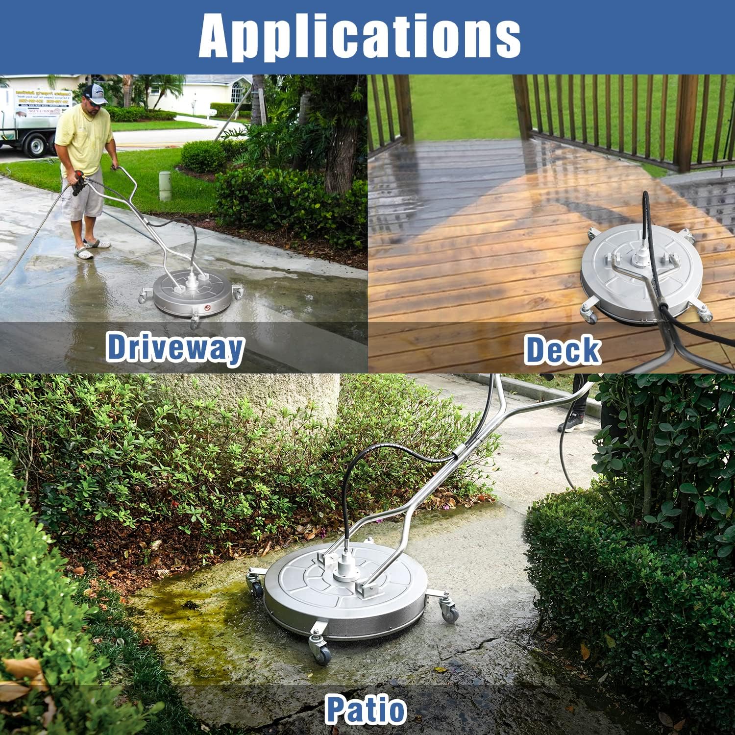 JANZ 24'' Pressure Washer Surface Cleaner with 4 Wheels Dual Handle Stainless Steel Housing  4 Replacement Nozzle Cores and 2 Hose Adapters Ideal for Driveways  Sidewalks Patios Decks Cleaning