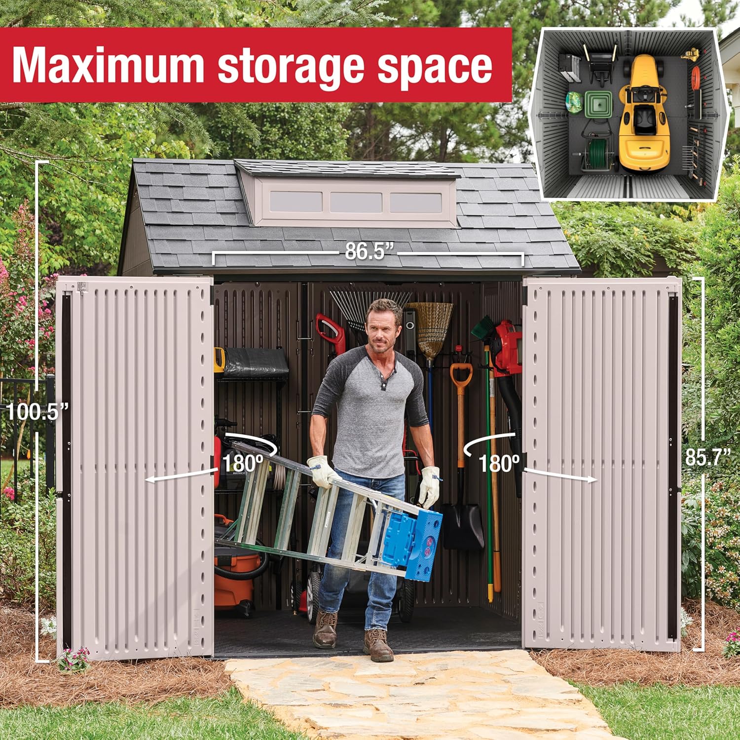 Rubbermaid Large Resin Outdoor Storage Shed With Floor (7 x 7 Ft.)  Weather Resistant  Brown  Organization for Home/Lawn Mower/Backyard Equipment/Bike Storage/Pool Supplies