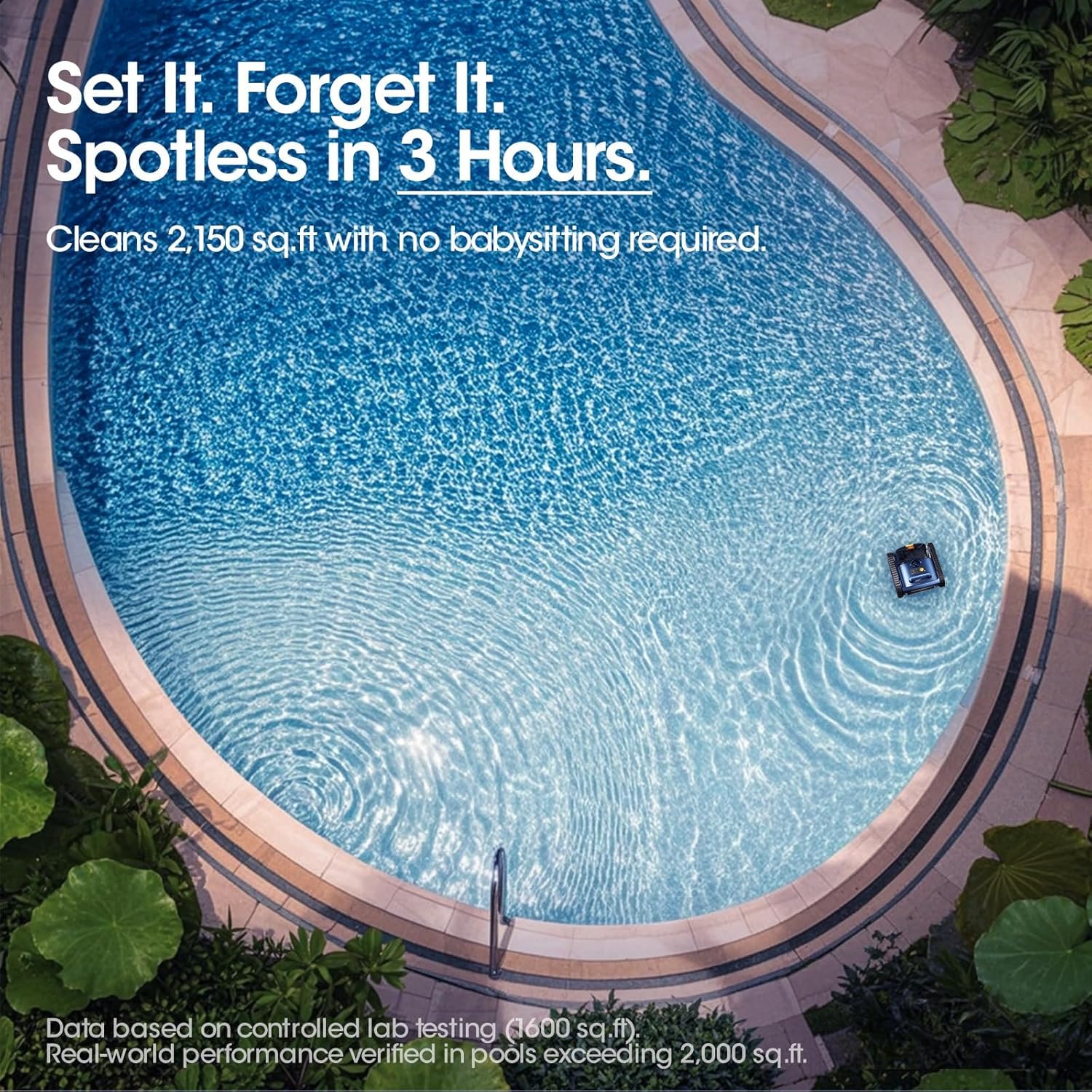 Cordless Robotic Pool Vacuum  Pool Cleaner with Track Drive & Sonar Navigation  180W Brushless Motor  Wall & Waterline Climbing  150-Min Runtime  for Inground Above-Ground 2150 Sq. Ft. (Dark Blue)