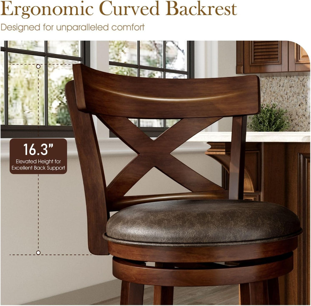 Sophia & William Swivel Bar Stools Set of 2, 360-Degree Swivel Stools with Cross Back, 30 Inch Walnut Kitchen Counter Bar Stools, Brown