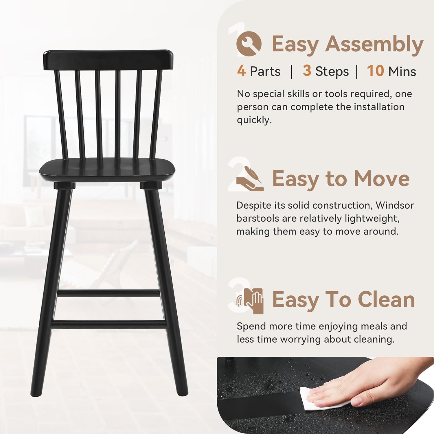 LUE BONA Windsor Wooden Bar Stools Set of 3 for Kitchen Island, Farmhouse 24 Inch Counter Height Stools Chairs with Spindle Back, Black