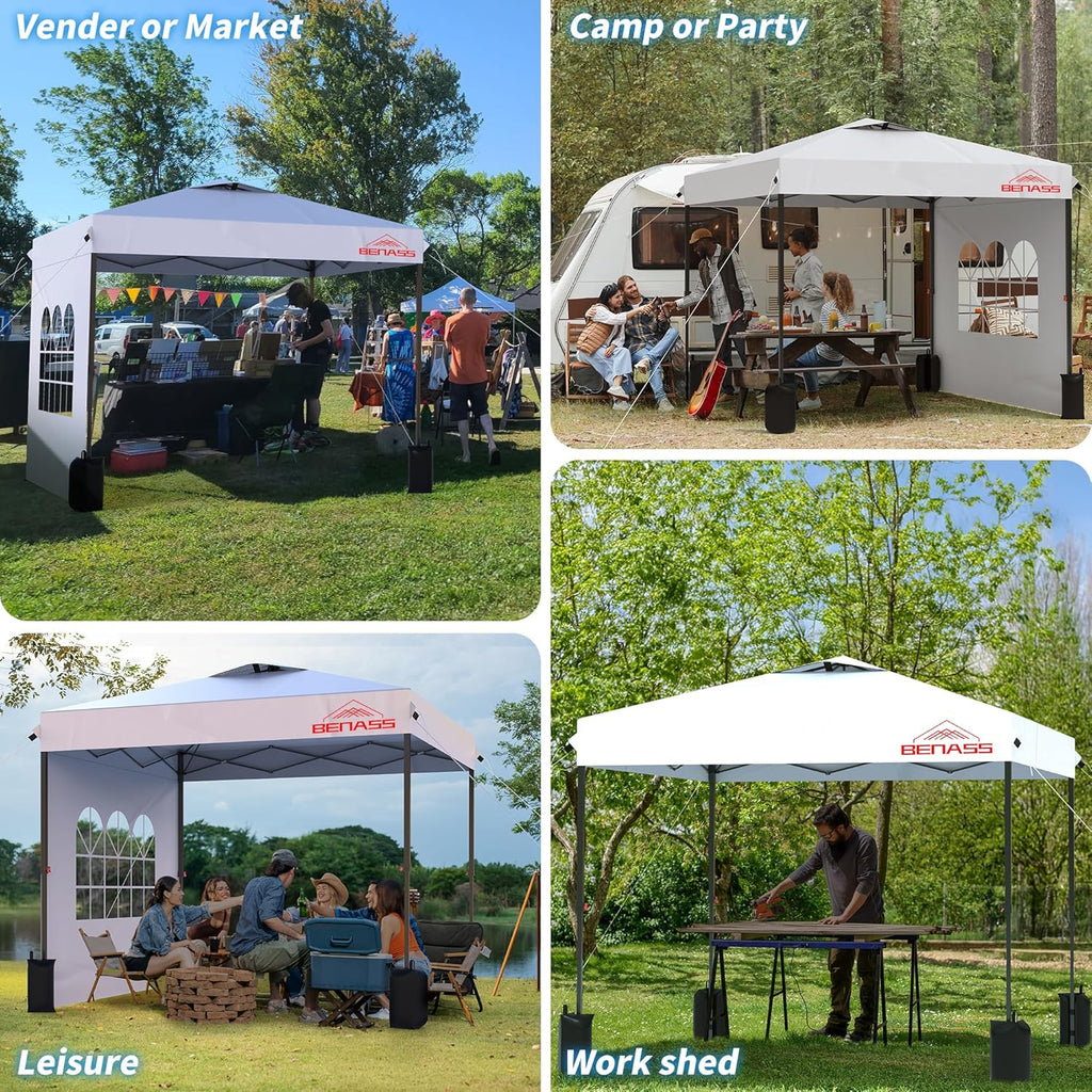 10x10 Pop Up Canopy with Sidewalls  Easy Up Canopy Tent  Heavy Duty Tents for Parties  One Person Set Up Event Tent  White