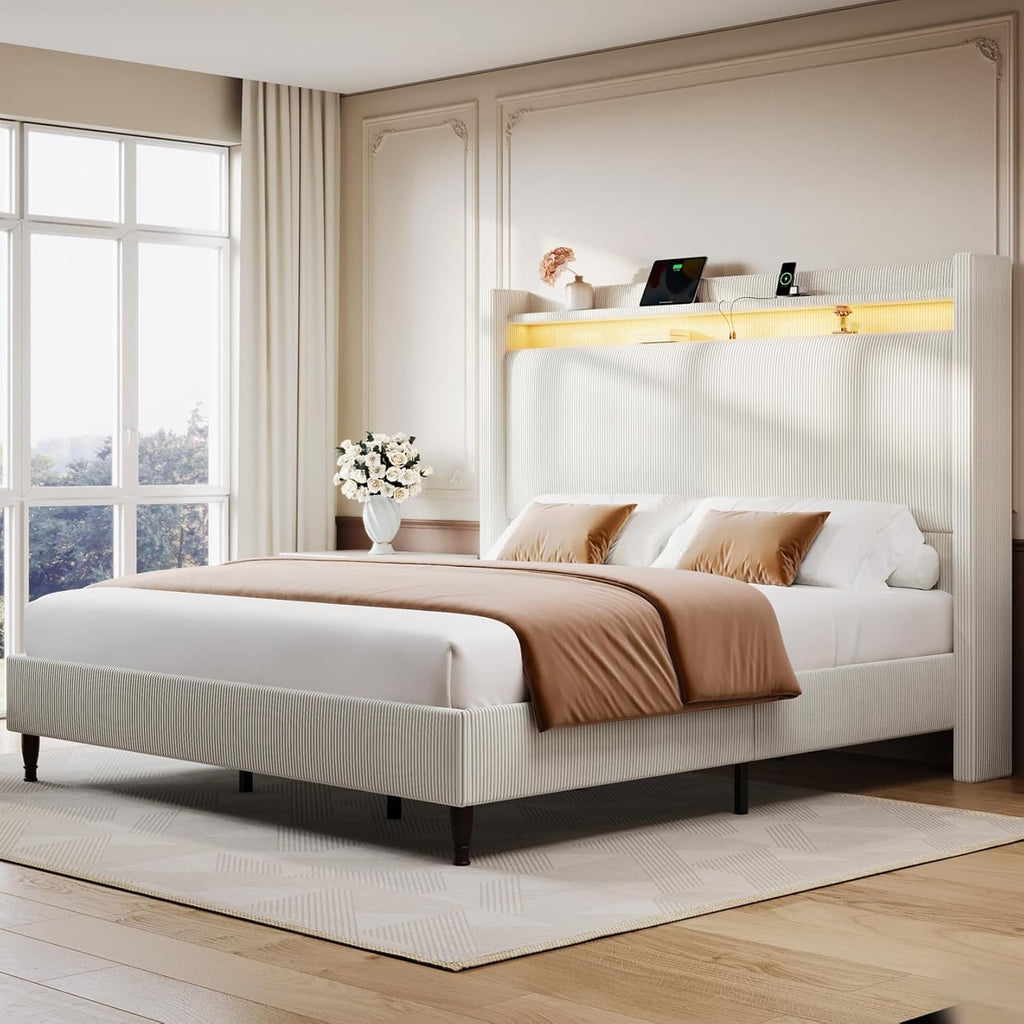 Queen Bed Frame with Tall Headboard, 55.3" Upholstered Platform Queen Size Bed Frame, Elegant Corduroy Wingback Bed with LED Lights & Charging Station, No Box Spring Needed, Solid Wood Slats, Cream