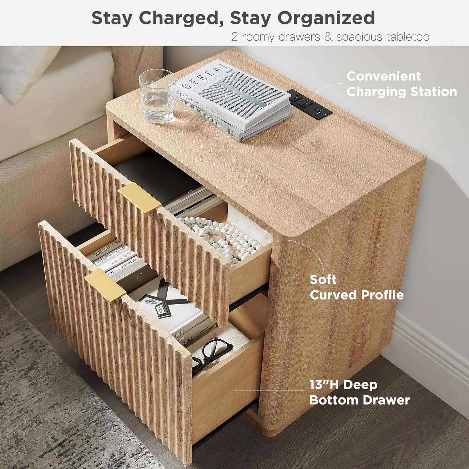 T4TREAM 23'' Fluted Nightstand Set of 2 with Charging Station, Large 2 Drawer Bedside Table, Modern End Table with Storage, Mid Century Night Stand for Bedroom Living Room, Curved Profile, Natural Oak