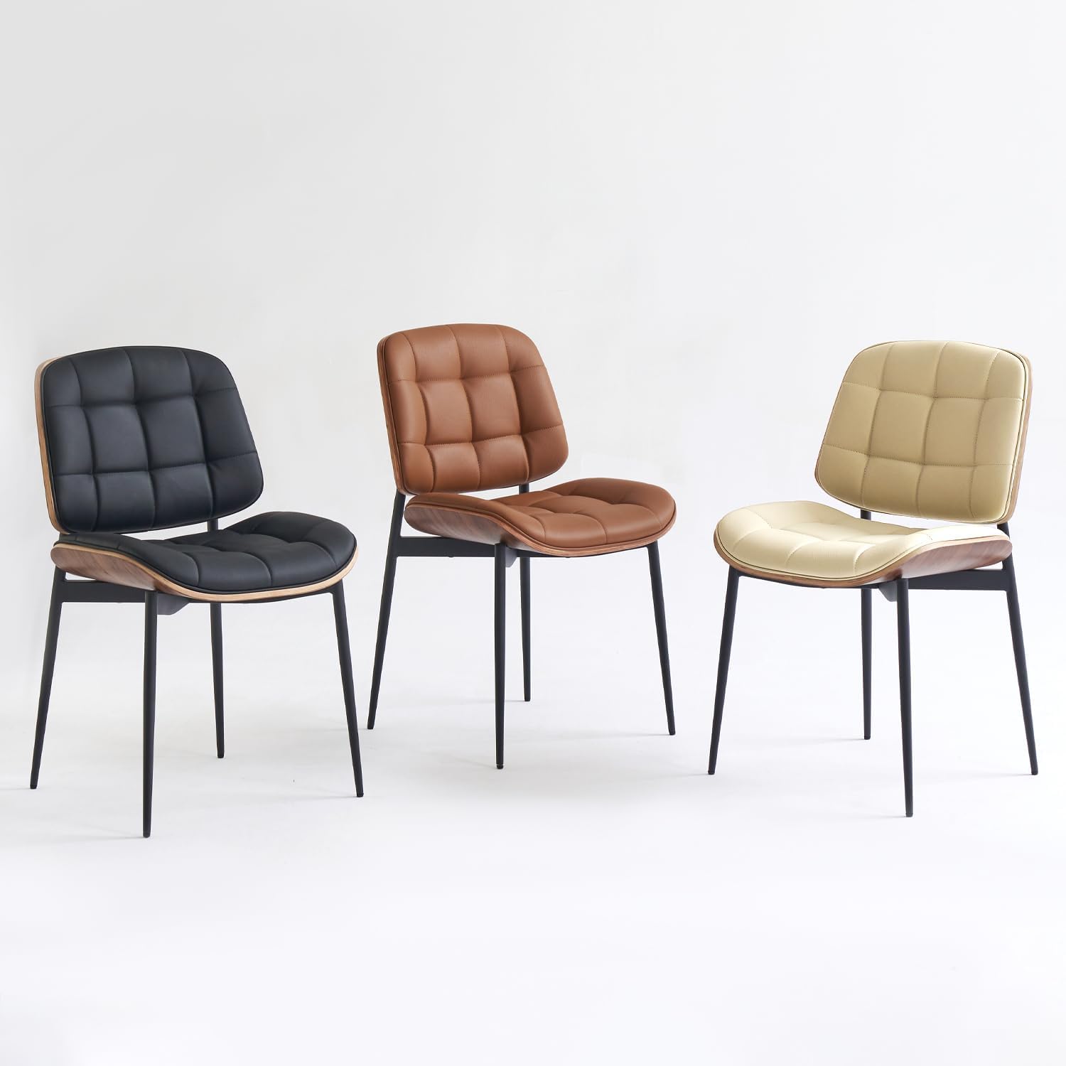 Mid Century Modern Dining Chairs with Walnut Grain Back, Black Faux Leather Dining Room Chairs Set of 2, Checkered Soft Cushion Kitchen Chairs with Adjustable Foot Pads
