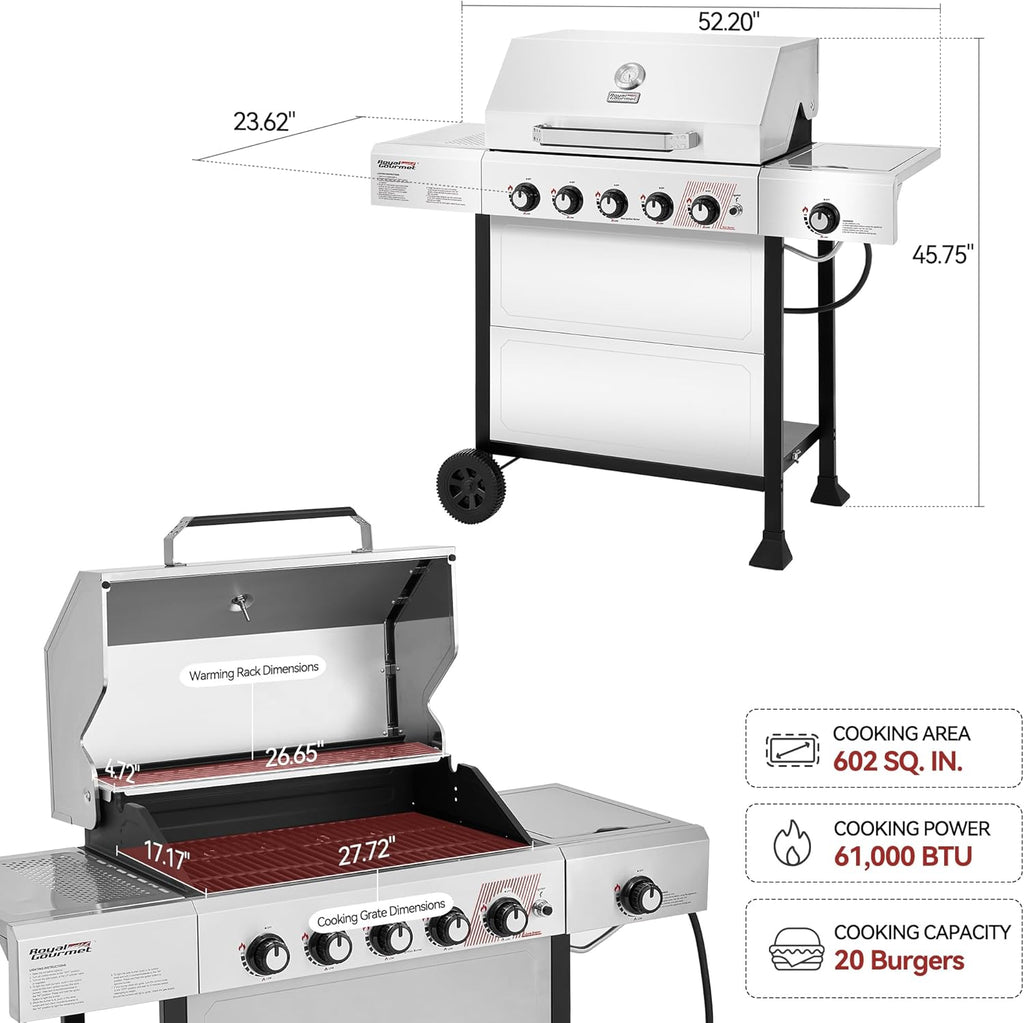 Royal Gourmet GA5401T 5-Burner BBQ Liquid Propane Gas Grill with Side Burner  Stainless Steel 61 000 BTU Output for Patio Garden Picnic Backyard Cooking  Silver