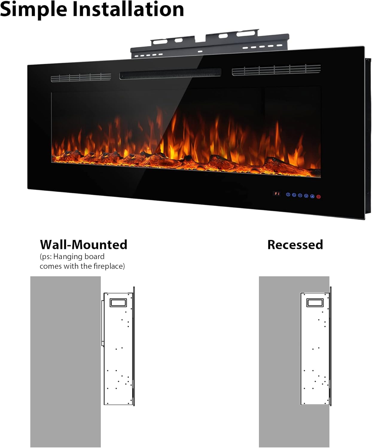 Electric Fireplace 50inches, Wall-Mounted & Recessed Fireplace Inserts, Multicolor Flame w/5 Dimmer, Remote Control Thermostat, Timer, Overheating Protection, Hardwire Connect, 1500W,Black
