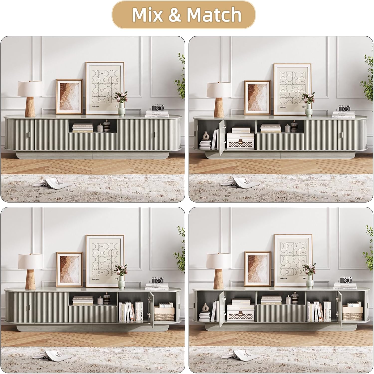 86.61'' Tambour TV Stand for 55-85 Inch, Entertainment Center with Large Storage Cabinet and Sliding Door,Curved Profile Design Media Console with Open Shelves for Living Room, Bedroom, Office, Grey